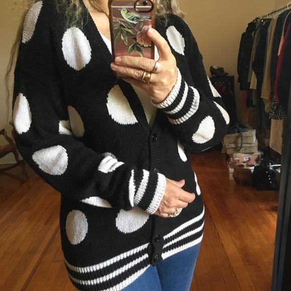 Vintage Sweaters - Vintage black and cream polkadot cardigan sweater